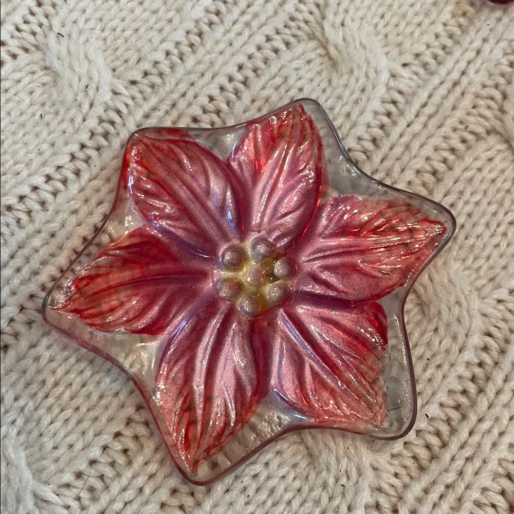 Red Glass Votive/tea light Candle Holder and Pressed glass poinsettia/leaf